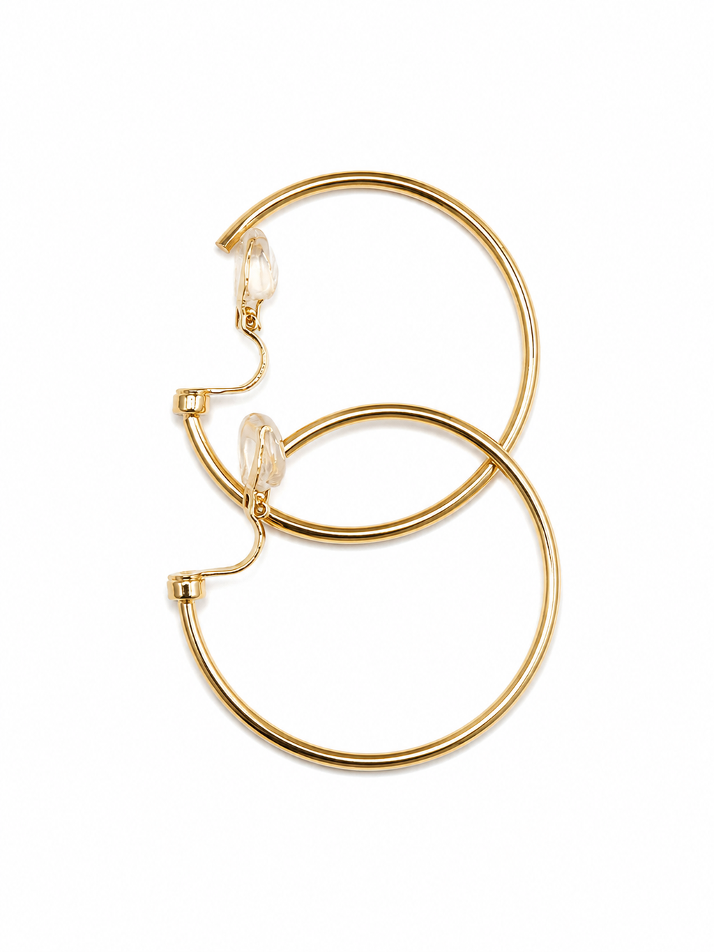 Close-up of 18KT gold-tone hoop clip-on earrings featuring a sleek finish and 316L stainless steel construction.