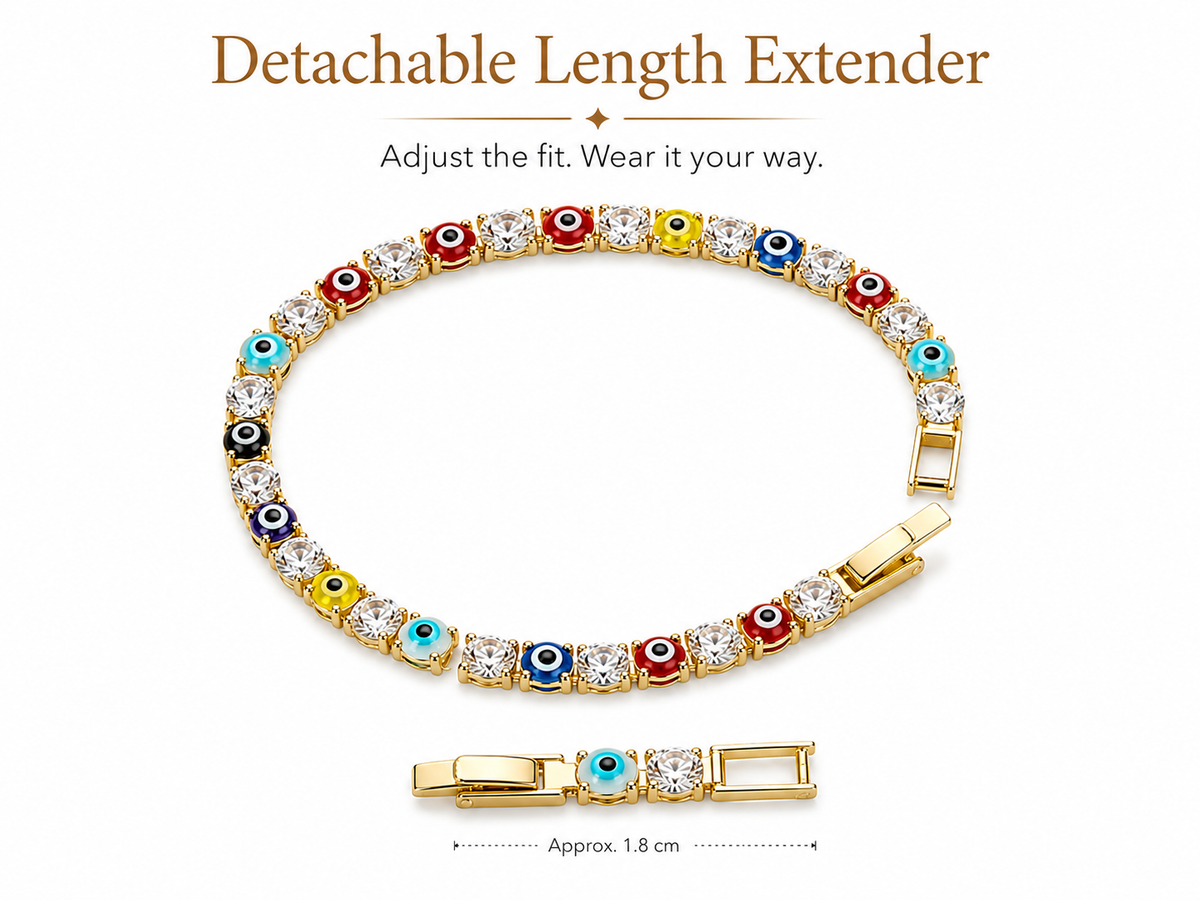 Ashaarya gold-tone evil eye bracelet featuring colourful motifs and American diamonds styled on a wrist.