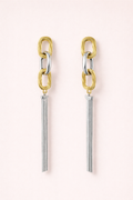 Anti-Tarnish, Ashaarya, Ashaarya Jewels, Ashaarya Jewellery, Pair of earrings with gold and silver chain design on a light pink background