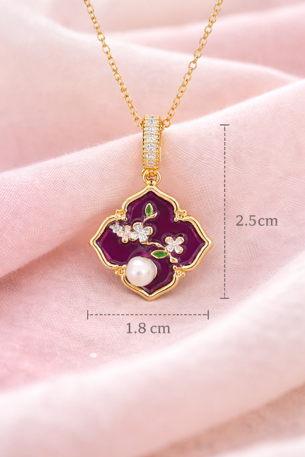 Anti-Tarnish, Ashaarya, Ashaarya Jewels, Ashaarya Jewellery, Gold necklace with a purple pendant on a pink fabric background