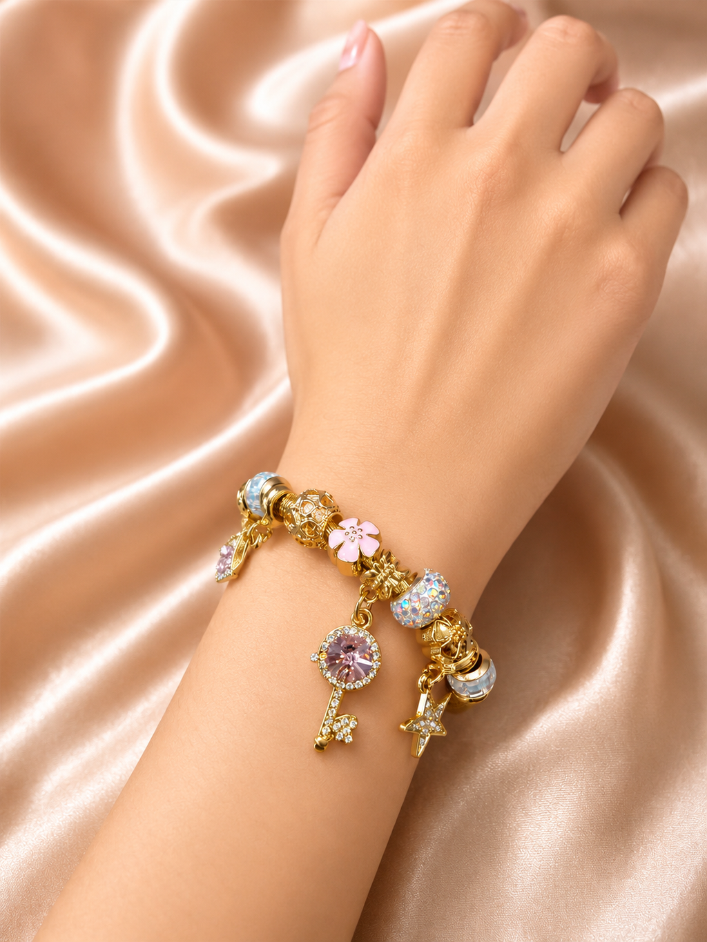 Woman wearing Pink Starlight Cute Charm Bracelet by Ashaarya, lightweight anti-tarnish comfort jewellery for everyday wear.