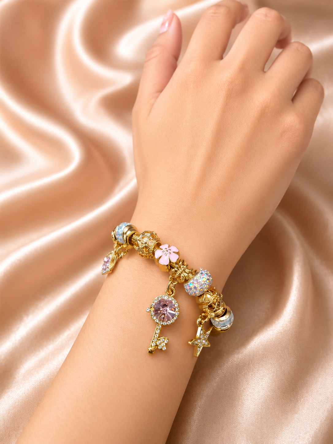 Woman wearing Pink Starlight Cute Charm Bracelet by Ashaarya, lightweight anti-tarnish comfort jewellery for everyday wear.