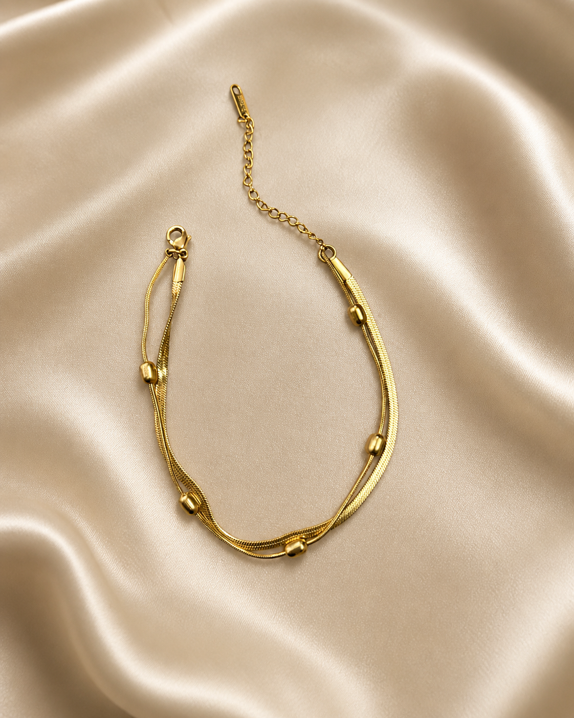 Anti-tarnish comfort anklet for women with adjustable chain closure, dual layer gold design, lightweight daily wear jewellery