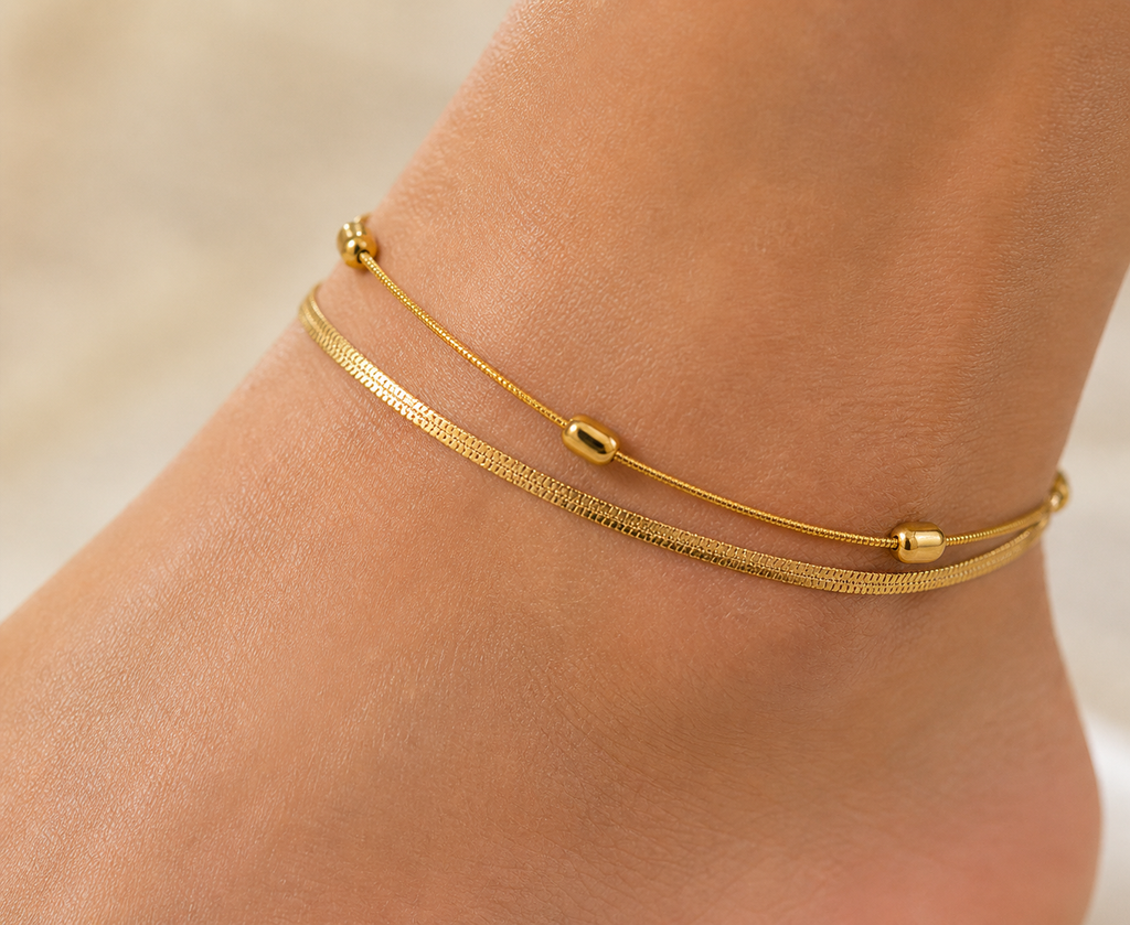 Anti-tarnish comfort jewellery anklet for women in dual chain gold design with bead detailing, lightweight and elegant everyday wear