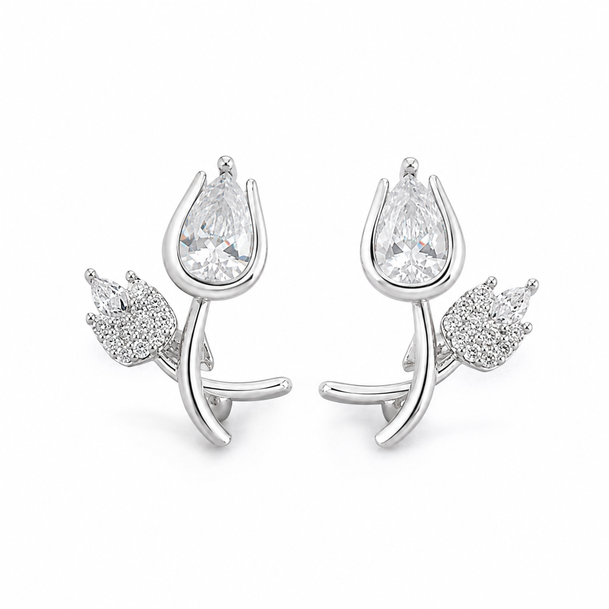 Anti-tarnish crystal floral clip-on earrings with pear-shaped stones and sparkling flower detailing for women