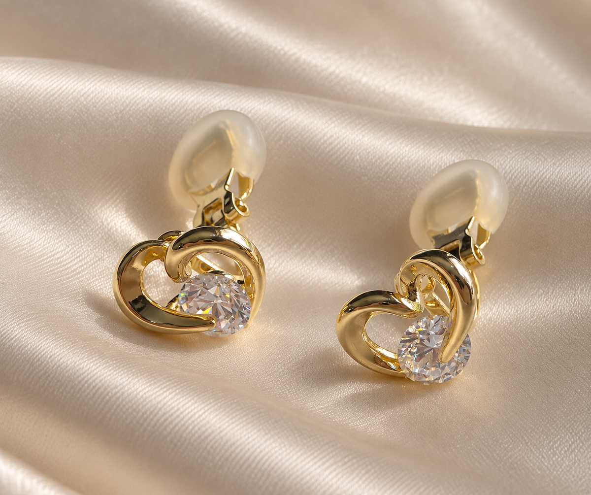 Anti-tarnish delicate gold heart earrings with clip-on closure and brilliant clear stone, romantic everyday jewellery for women by Ashaarya