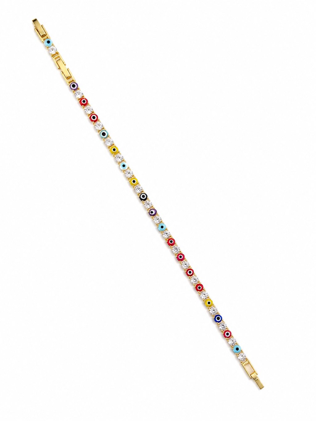 Gold-tone Evil Eye Luxe Bracelet with multicoloured evil eye motifs and sparkling American diamonds by Ashaarya.