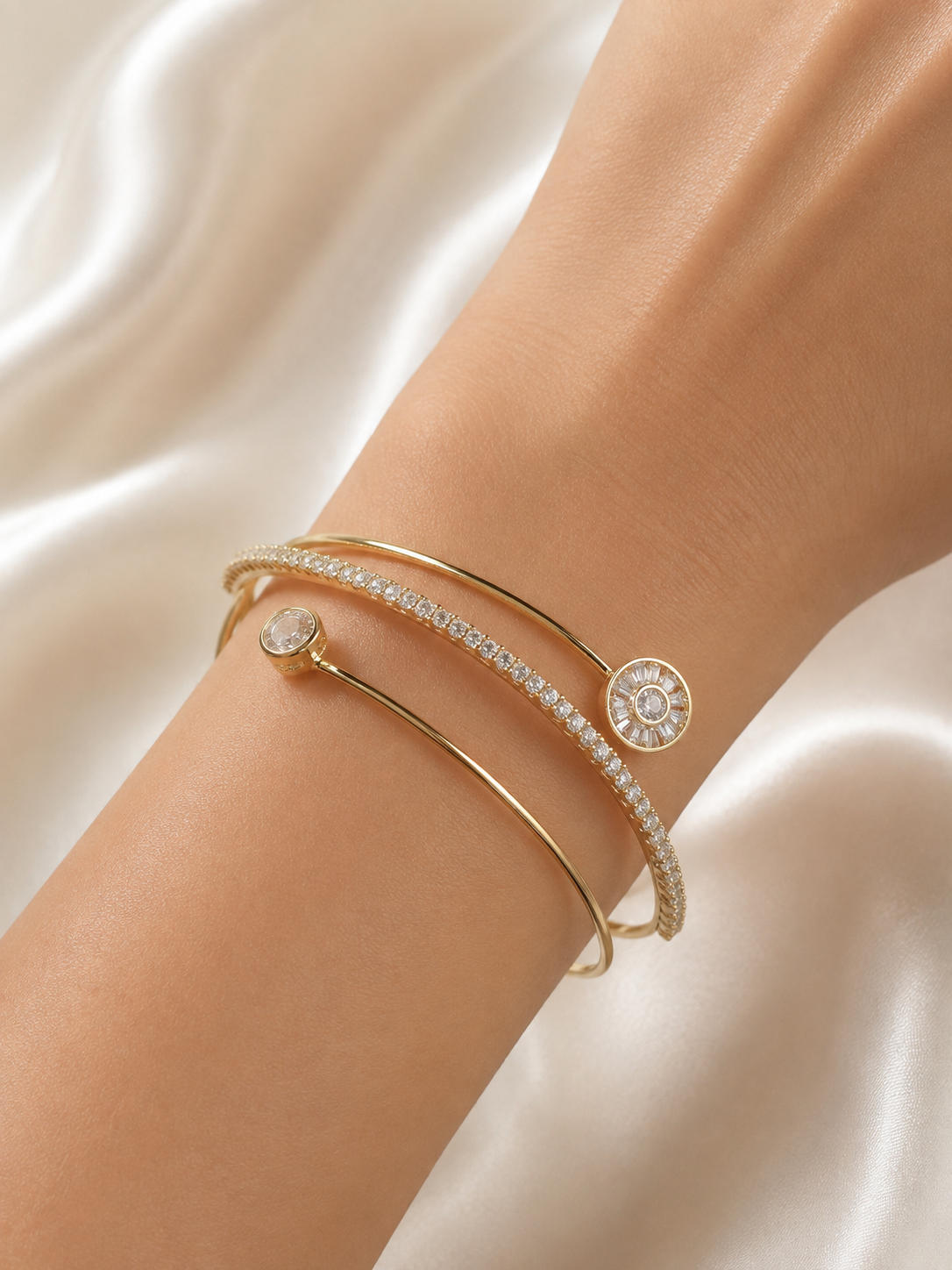 Anti-tarnish gold crystal bracelet for women featuring a sleek double-band silhouette and elegant stone detailing
