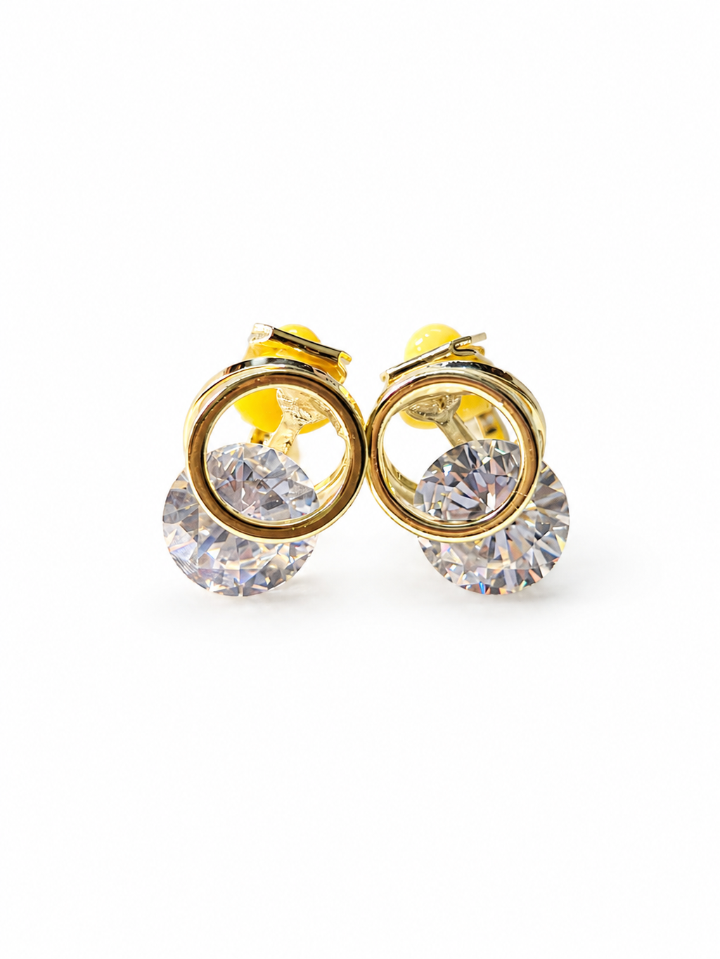 Anti-tarnish gold crystal clip-on earrings for women featuring round sparkling stones and an elegant gold-tone setting