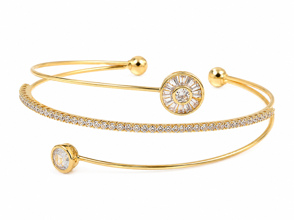 Anti-tarnish gold cuff bracelet designed for elegant everyday wear with delicate crystal accents