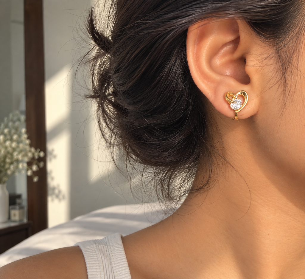 Anti-tarnish heart-shaped clip-on earrings in gold with a sparkling round centre stone, petite lightweight comfort jewellery for women