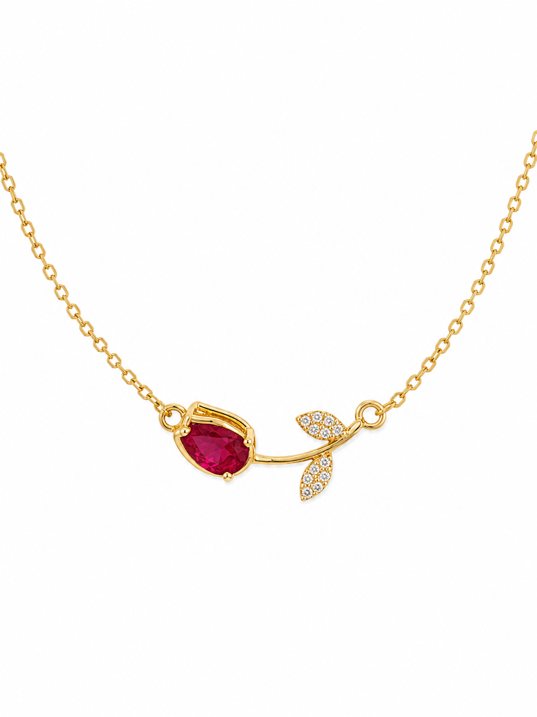 Anti-tarnish gold ruby leaf necklace for women featuring a delicate chain, red gemstone and sparkling leaf pendant