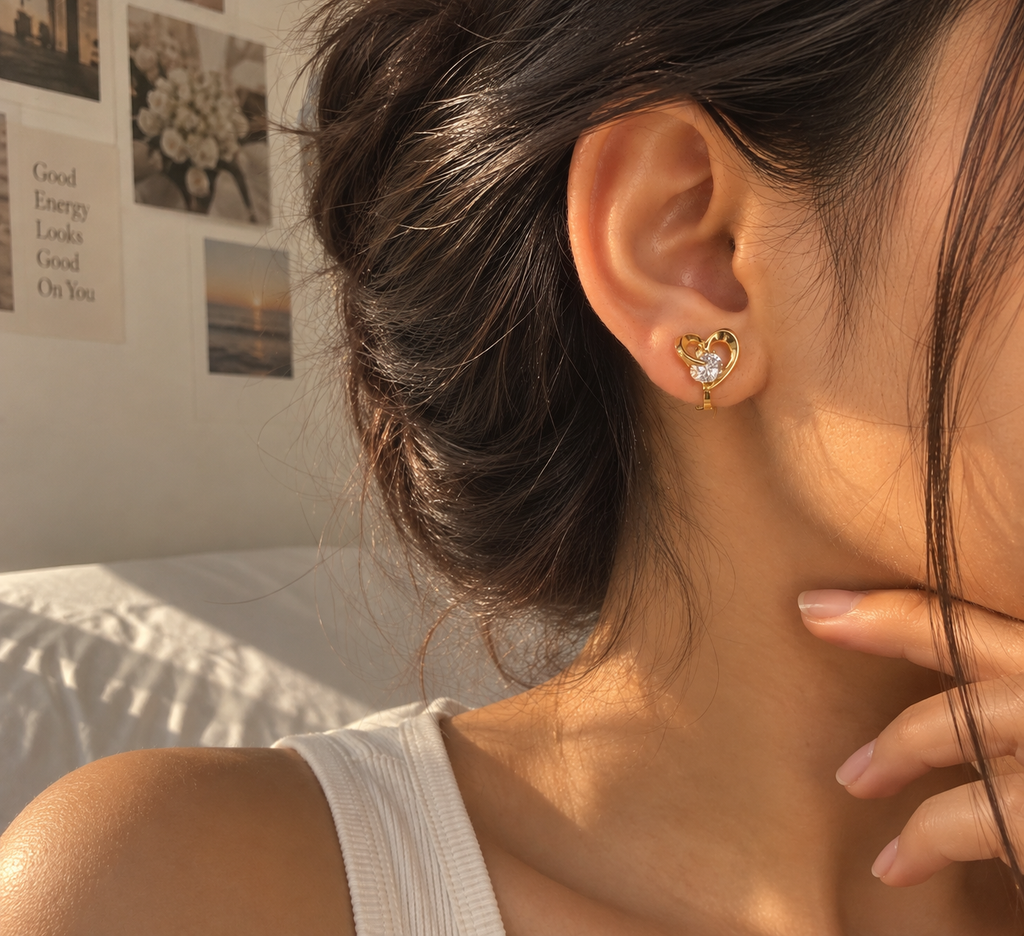 Anti-tarnish gold crystal heart clip-on earrings photographed on champagne satin, delicate demi-fine inspired comfort jewellery by Ashaarya
