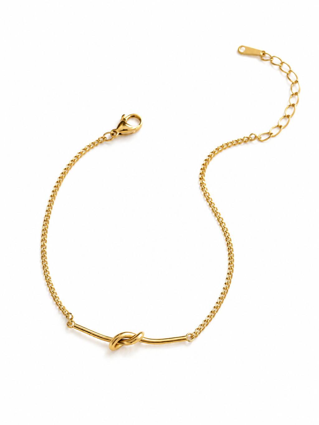 Close-up of the knot detail on Ashaarya's anti-tarnish gold bracelet, showcasing the premium finish and minimalist craftsmanship.