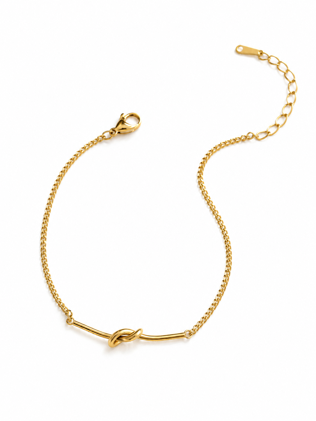 Close-up of the knot detail on Ashaarya's anti-tarnish gold bracelet, showcasing the premium finish and minimalist craftsmanship.
