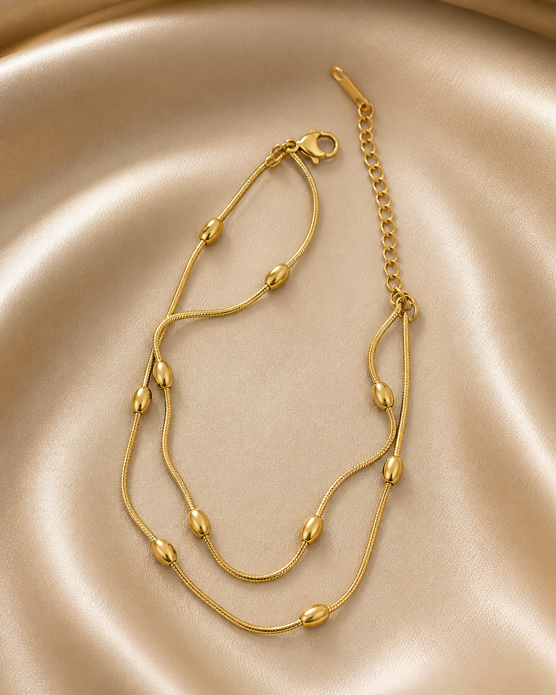 Anti-tarnish 18kt gold tone comfort anklet for women with multi-chain bead detailing, lightweight and elegant everyday jewellery