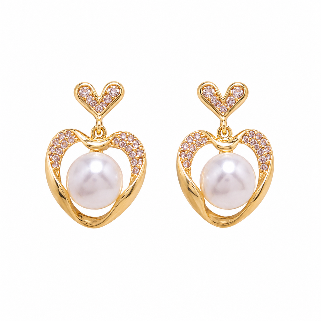 Anti-tarnish pearl heart drop earrings for women with gold-tone heart design and sparkling crystal detailing