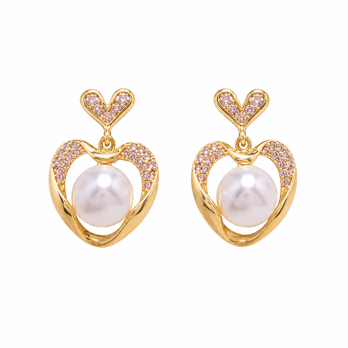Anti-tarnish pearl heart drop earrings for women with gold-tone heart design and sparkling crystal detailing