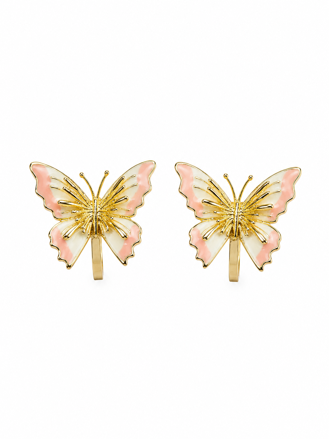 A pair of gold butterfly stud earrings with light pink enamel wings and white enamel accents, displayed on a clean white background. Anti-tarnish pink butterfly earrings for women