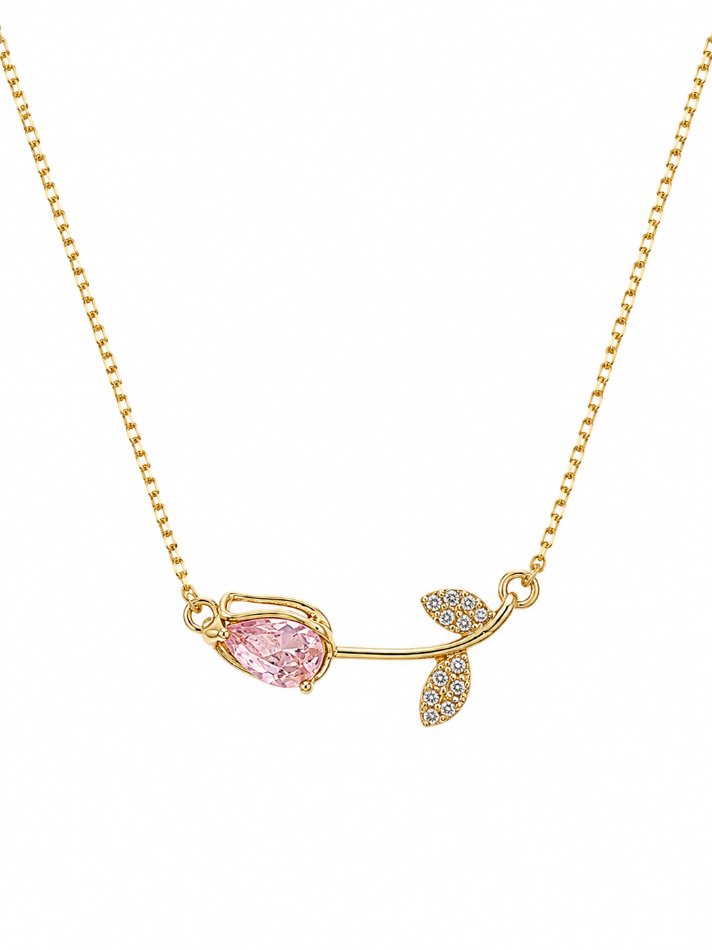 Anti-tarnish pink gemstone necklace for women with delicate gold detailing and a refined leaf-inspired pendant for demi-fine everyday jewellery