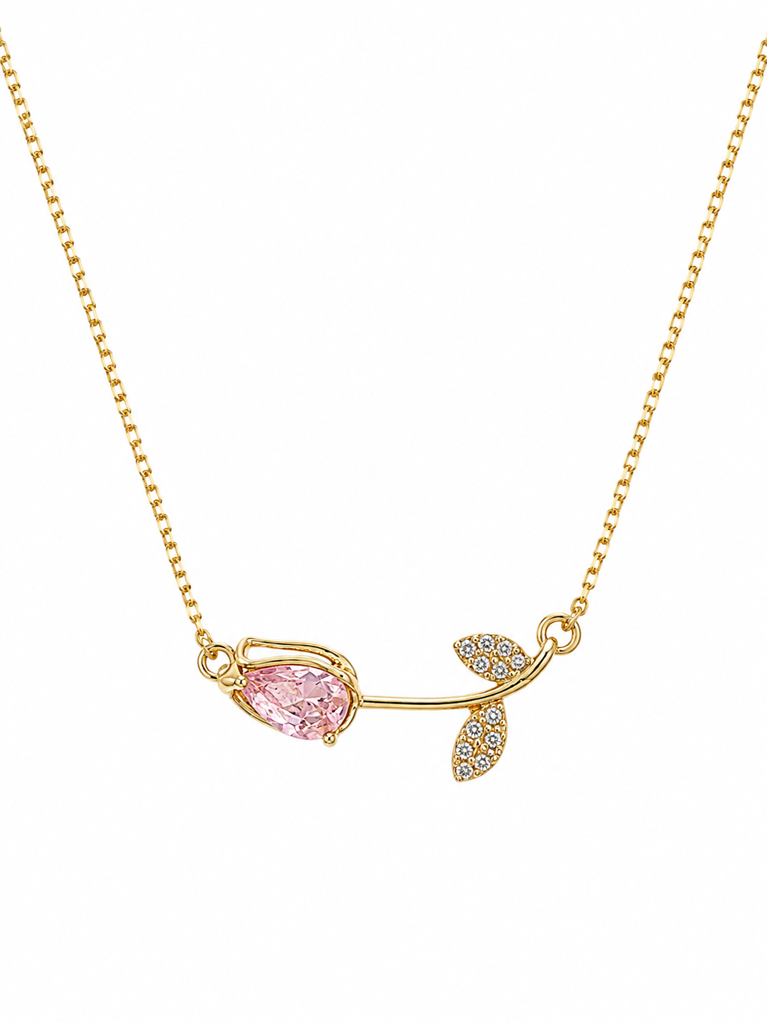 Anti-tarnish pink gemstone necklace for women with delicate gold detailing and a refined leaf-inspired pendant for demi-fine everyday jewellery