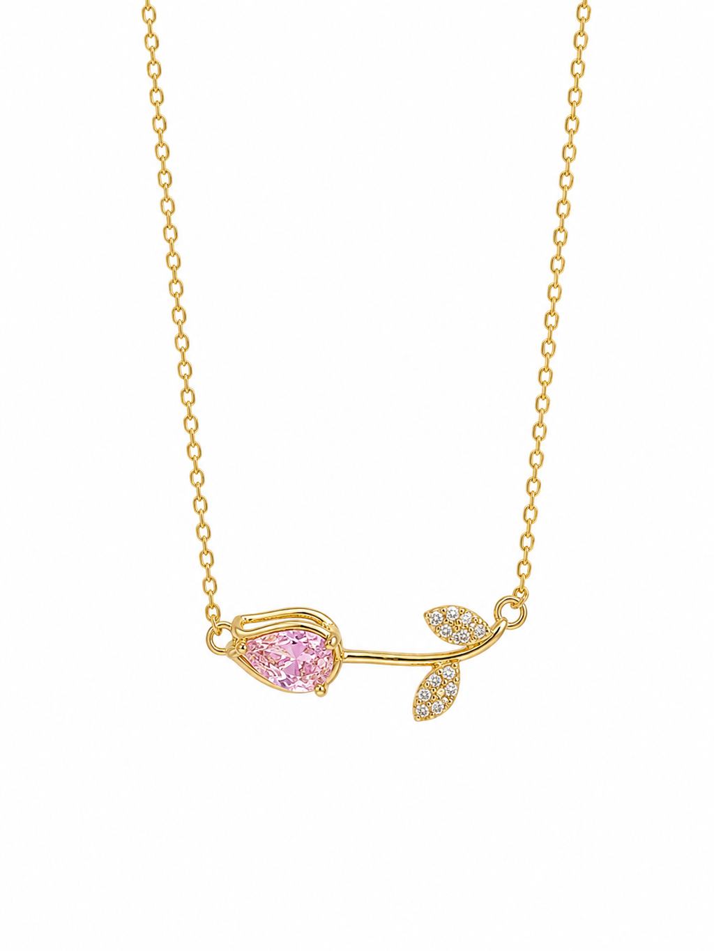Anti-tarnish pink and gold necklace for women with a fine chain, elegant pink gemstone and sparkling botanical-inspired detailing