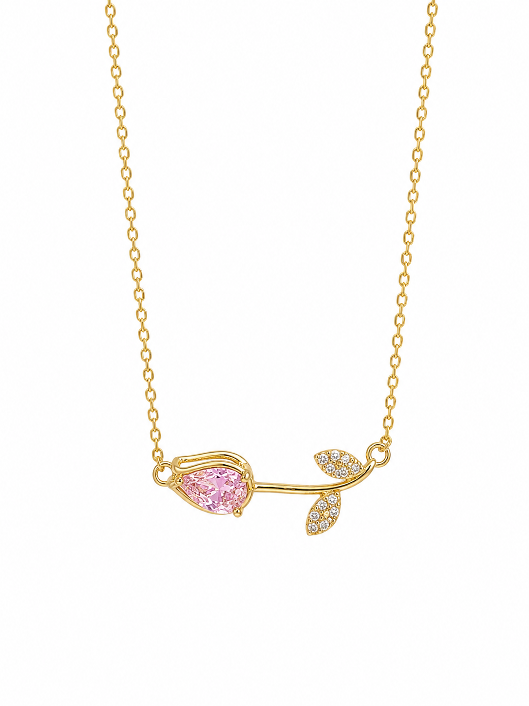 Anti-tarnish pink and gold necklace for women with a fine chain, elegant pink gemstone and sparkling botanical-inspired detailing