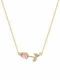 Anti-tarnish pink stone necklace for women with a delicate gold-tone chain, pink gemstone pendant and sparkling leaf detail