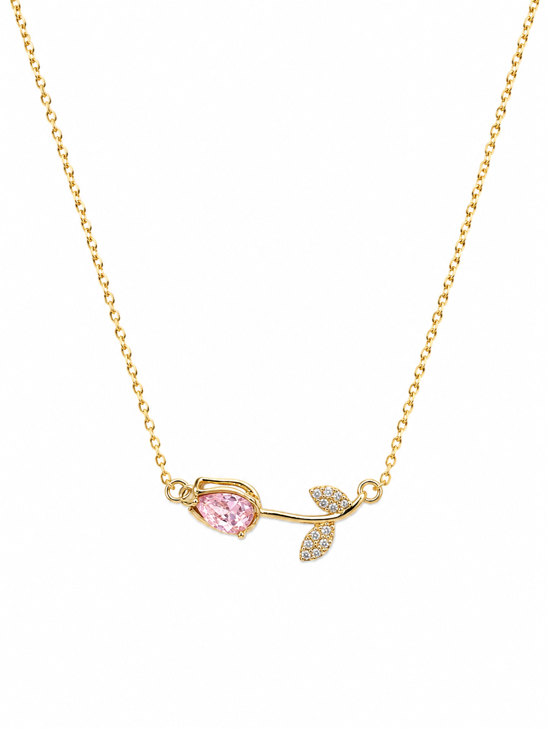 Anti-tarnish pink stone necklace for women with a delicate gold-tone chain, pink gemstone pendant and sparkling leaf detail