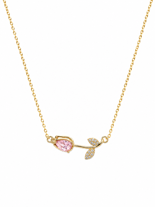 Anti-tarnish pink stone necklace for women with a delicate gold-tone chain, pink gemstone pendant and sparkling leaf detail