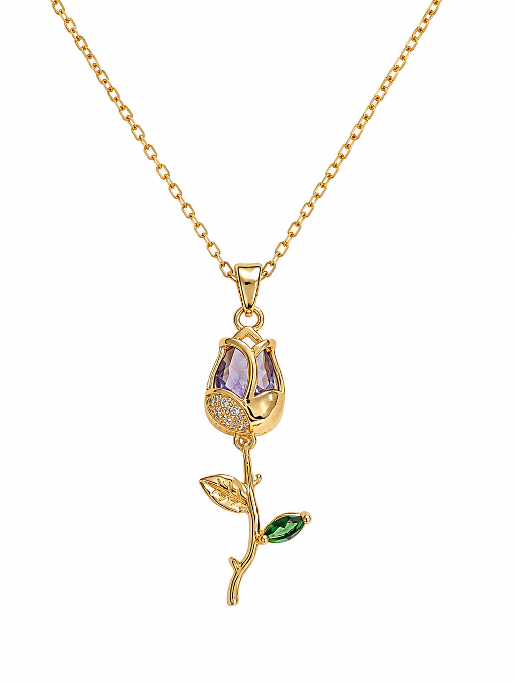 Anti-tarnish purple stone leaf necklace for women featuring a delicate gold-tone chain, purple gemstone pendant and green leaf detail