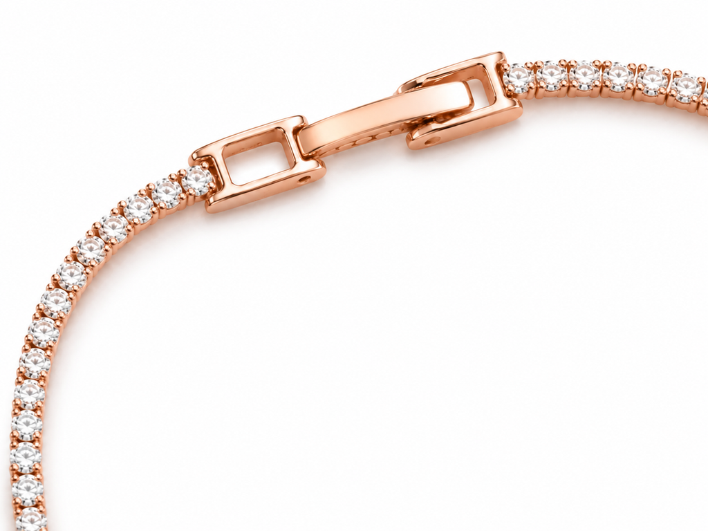 Anti-tarnish rose gold tennis bracelet for women featuring a continuous row of sparkling clear stones and an adjustable length extender