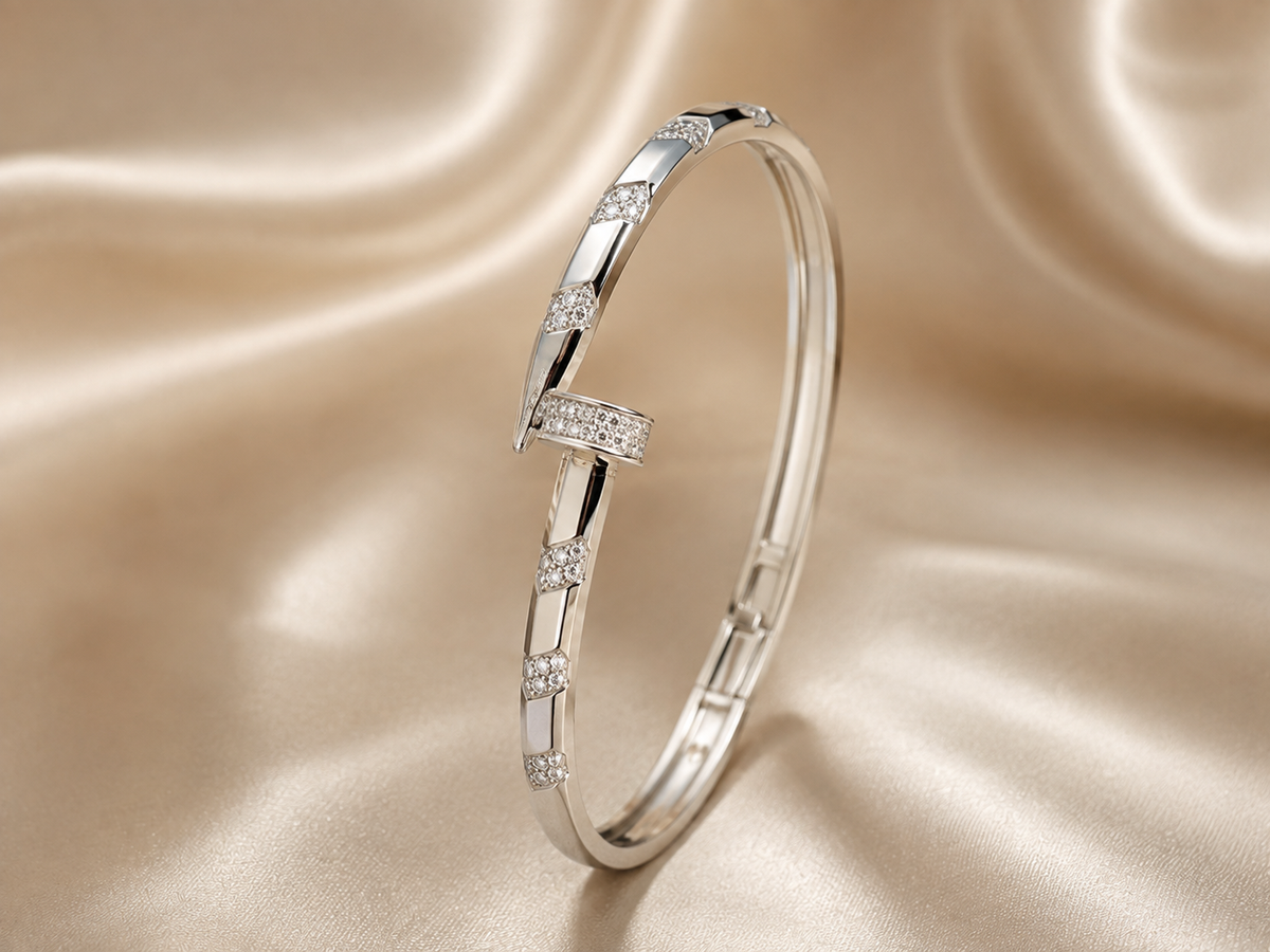 Anti-tarnish silver crystal cuff bracelet for women featuring a sleek polished band with sparkling crystal detailing