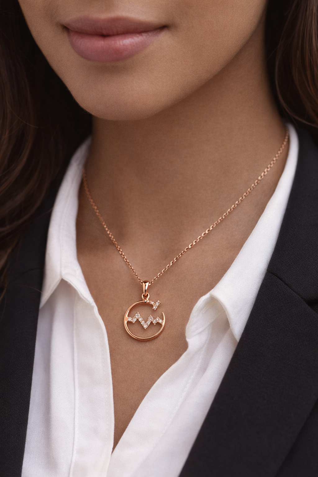Anti-Tarnish, Ashaarya, Ashaarya Jewels, Ashaarya Jewellery, Rose gold necklace with a pendant worn by a person in formal attire.