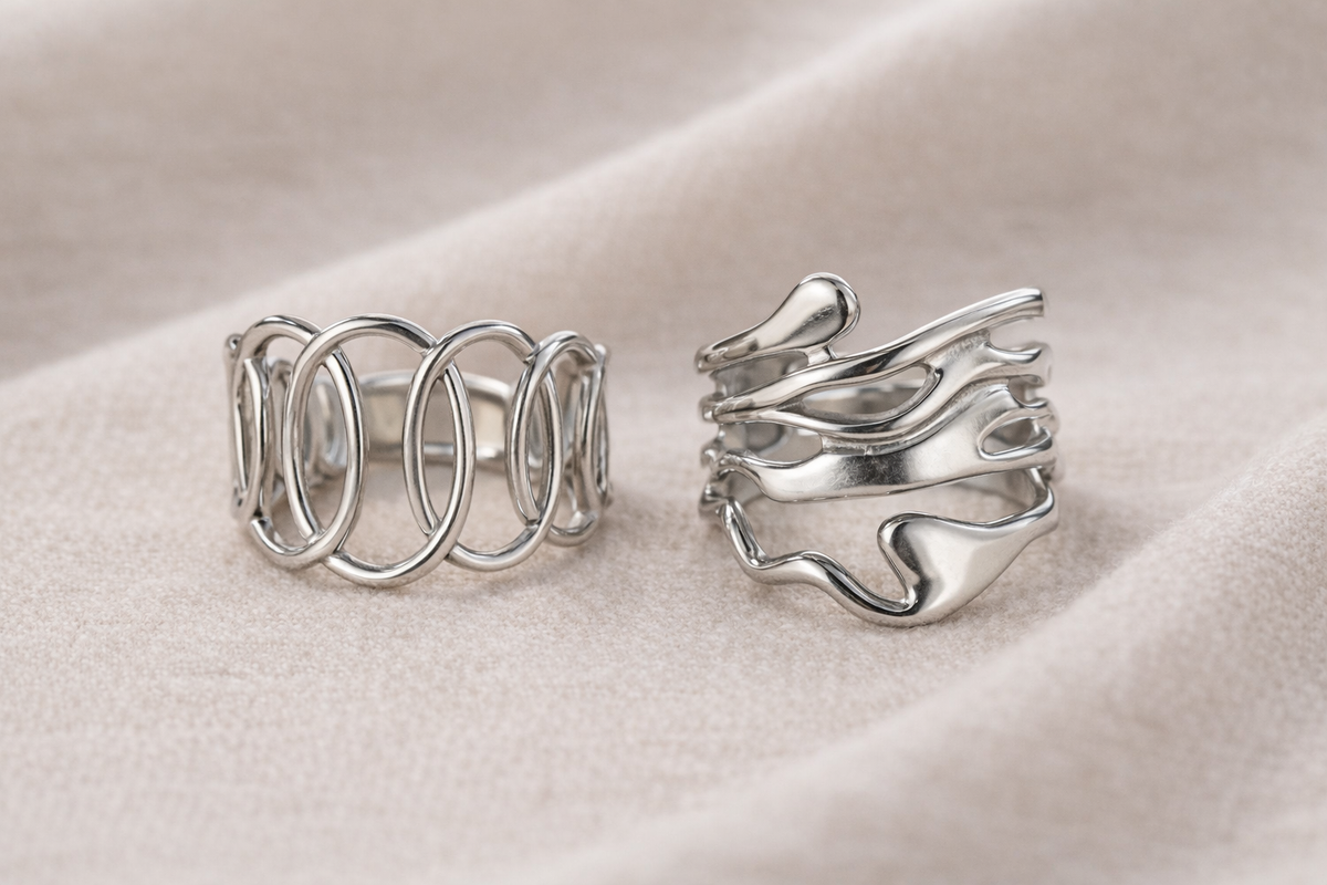 Anti-Tarnish, Ashaarya, Ashaarya Jewels, Ashaarya Jewellery, Two silver rings on a light fabric background