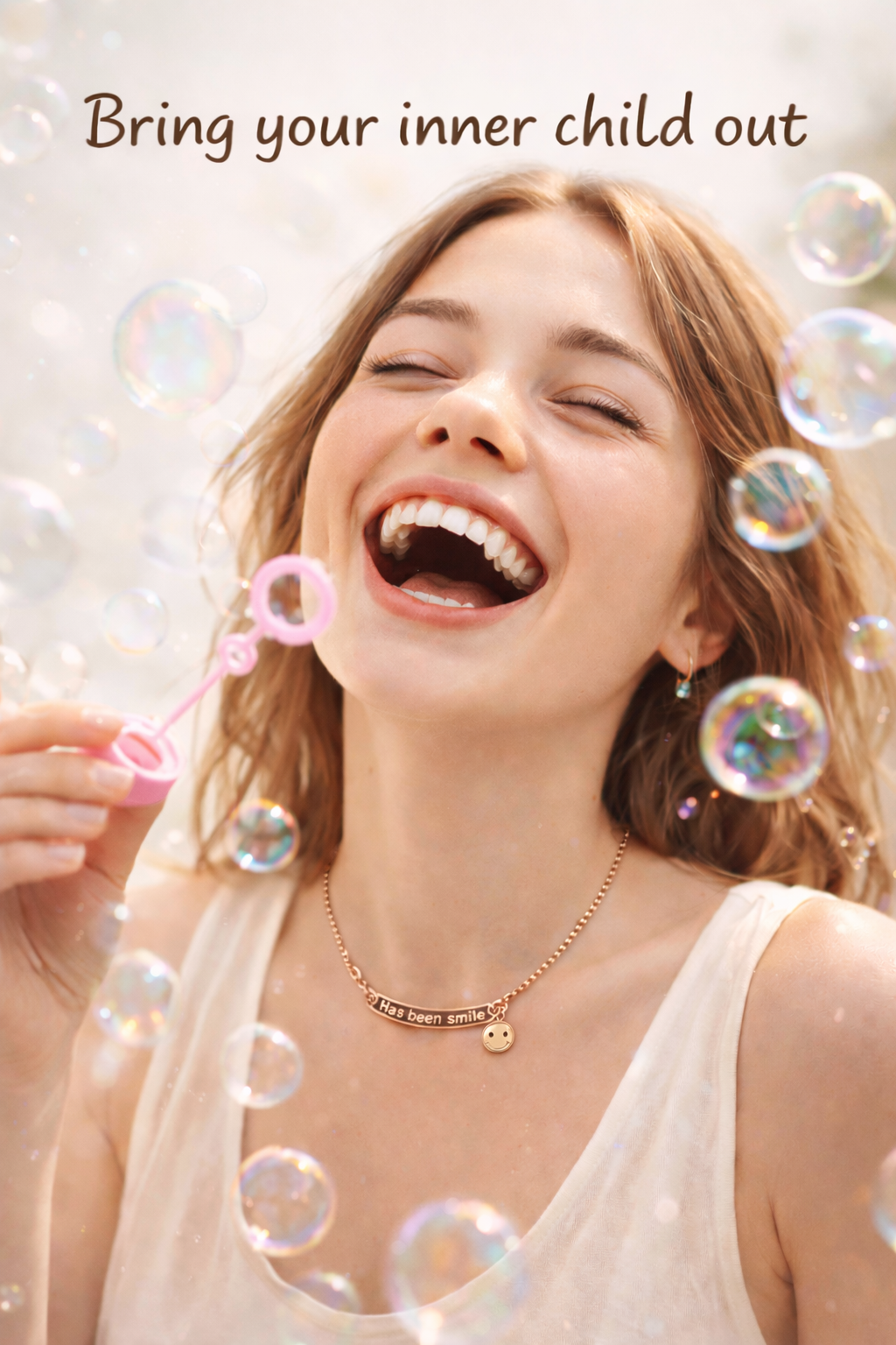 Anti-Tarnish, Ashaarya, Ashaarya Jewels, Ashaarya Jewellery, Woman blowing bubbles with a text overlay 'Bring your inner child out' on a light background
