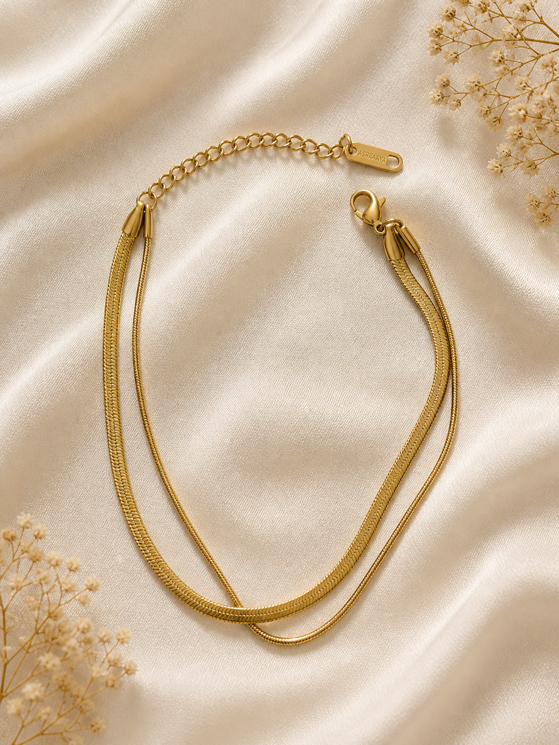Anti-tarnish comfort jewellery 18kt gold tone dual chain anklet for women, lightweight and skin-friendly design