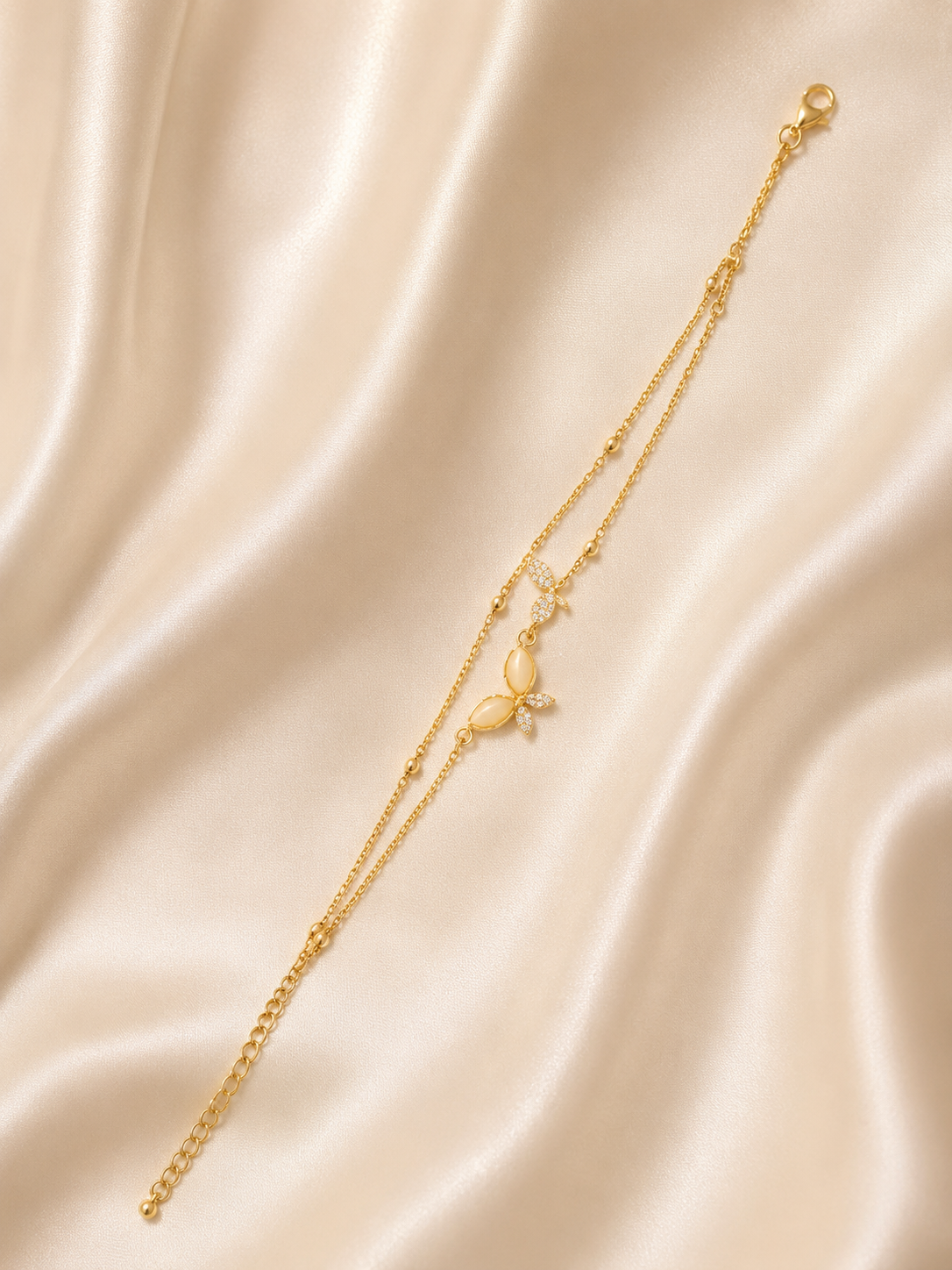 Premium butterfly bracelet for women by Ashaarya featuring a delicate dual-chain design, marquise stones, and comfortable everyday wear.