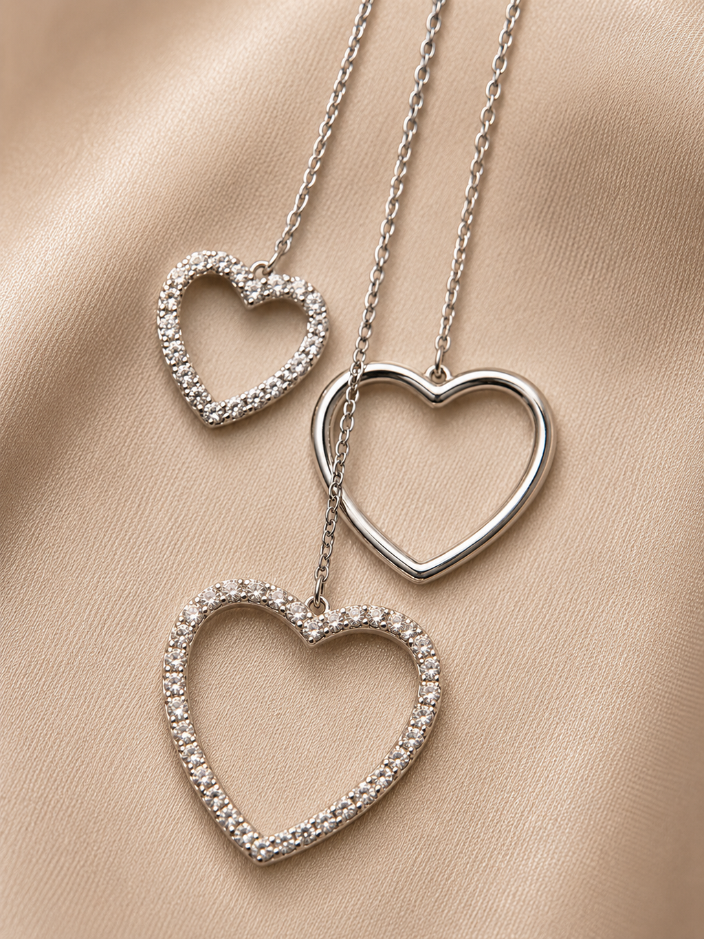 Three silver heart-shaped pendants on a beige fabric background. 925 sterling silver earrings, sterling silver heart studs, silver heart earrings, 925 silver earrings for women, heart stud earrings, cubic zirconia earrings, hypoallergenic earrings, everyday silver jewellery, sterling silver studs, dainty silver earrings, silver jewellery India, Ashaarya