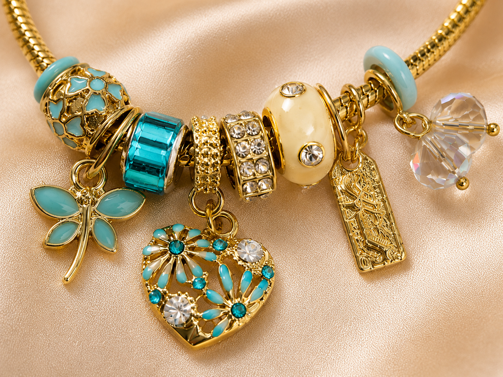 Close-up of turquoise floral charms and crystal accents on Neel Tara comfort jewellery charm bracelet