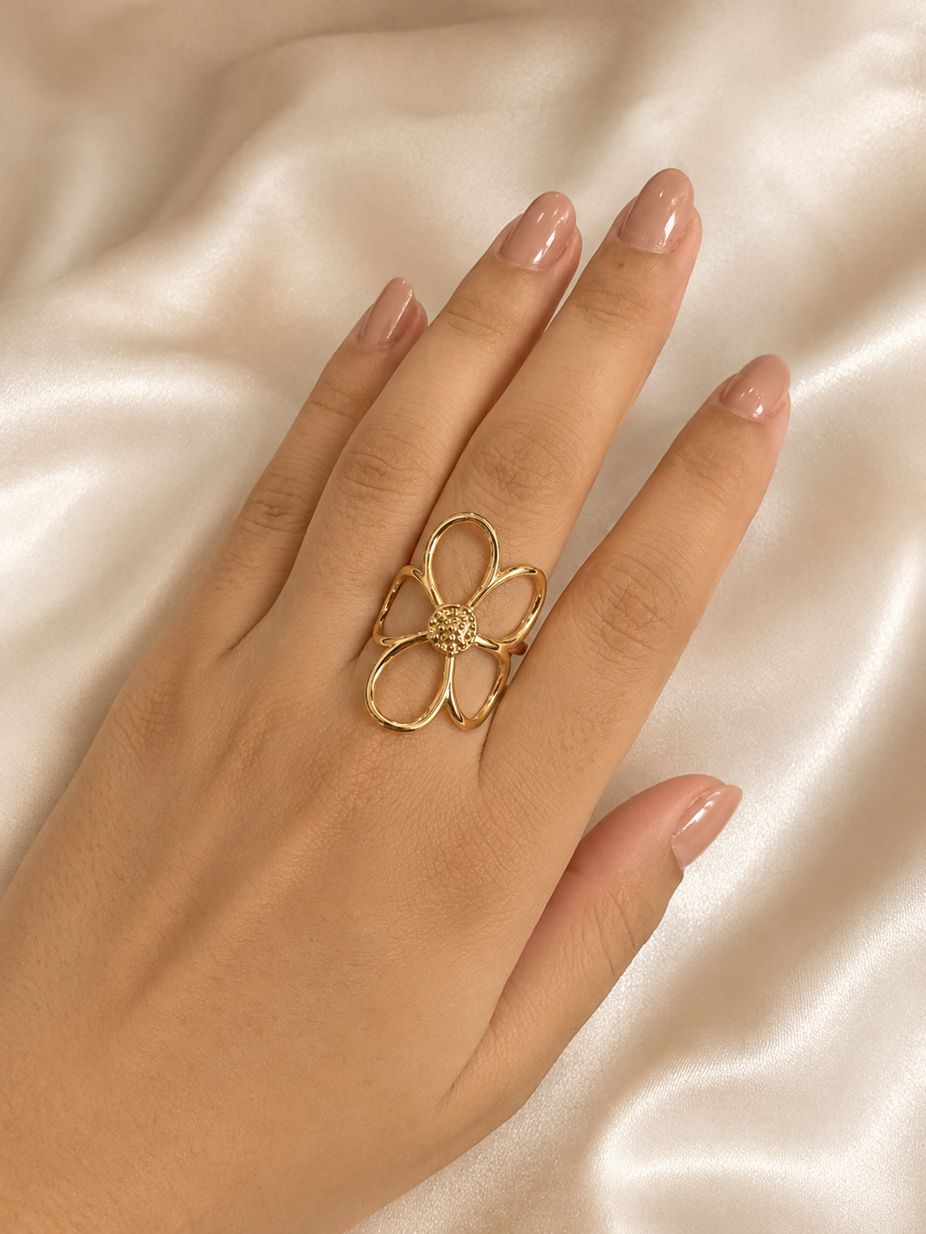 Bloom Adjustable Statement Ring by Ashaarya - 18KT gold tone floral adjustable ring for women with lightweight comfort design