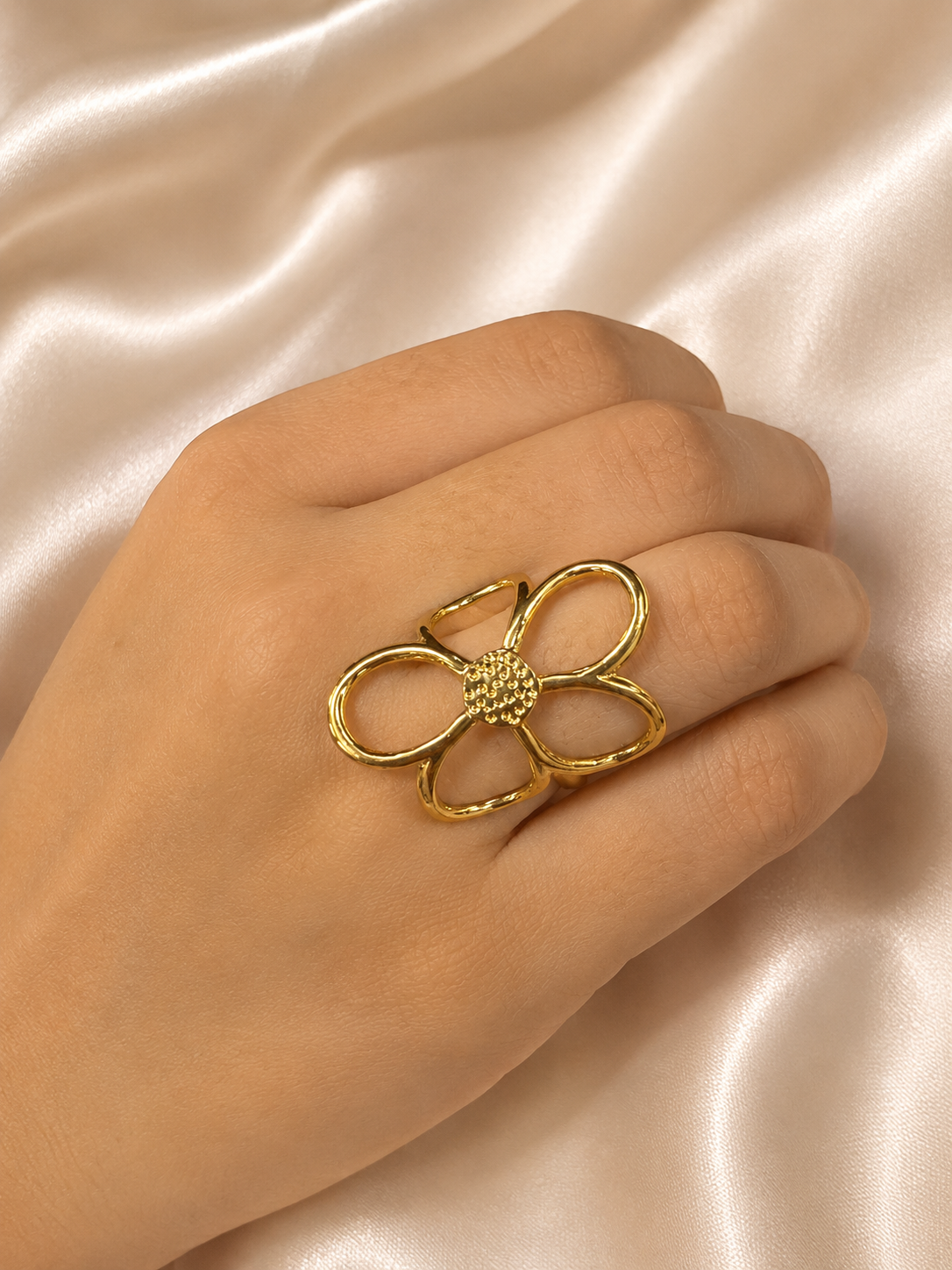 Bloom Adjustable Statement Ring by Ashaarya worn on hand showcasing elegant floral statement ring with comfortable adjustable fit