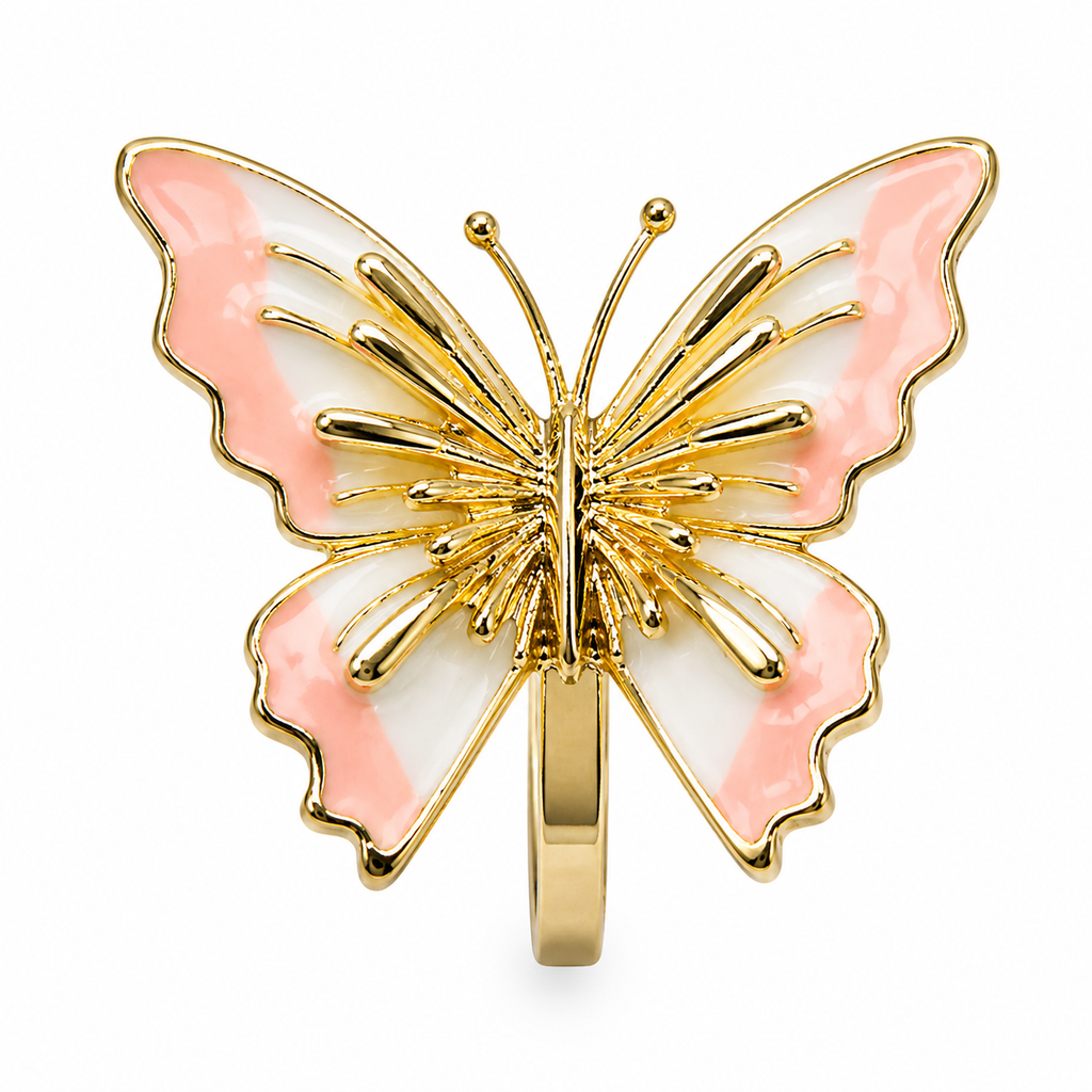 A gold butterfly ring with pink and white enamel wings, shown on a clean white background. Pink butterfly earrings designed as lightweight comfort jewellery for women