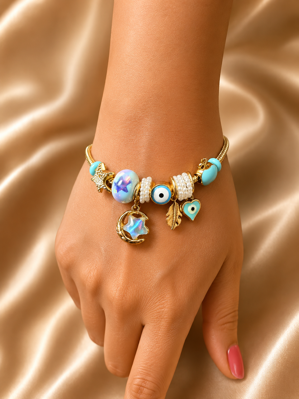 Anti-tarnish Chaand Nazar charm bracelet with moon, star and evil eye charms in gold-tone comfort jewellery design by Ashaarya.