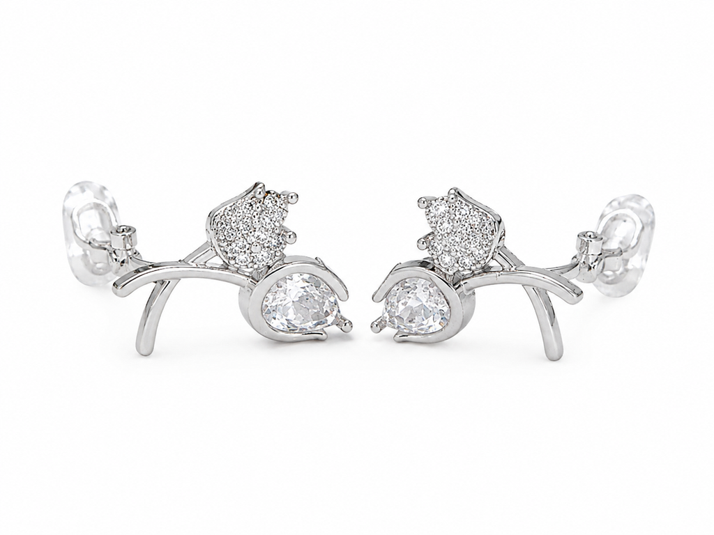 Crystal flower clip-on earrings for girls with sparkling stones and a sophisticated silver-tone finish