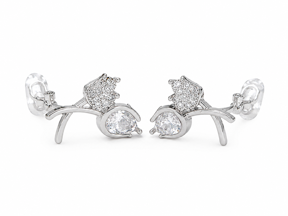 Crystal flower clip-on earrings for girls with sparkling stones and a sophisticated silver-tone finish