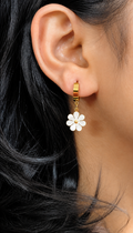 Daisy Bloom Hoop Earrings by Ashaarya anti-tarnish comfort jewellery with white floral charms and gold hoops