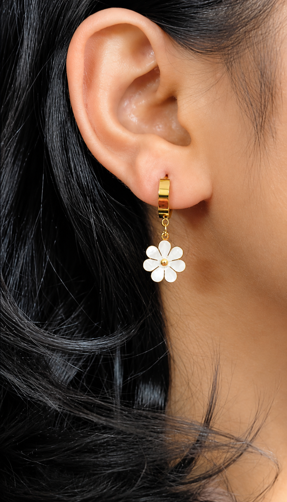 Daisy Bloom Hoop Earrings by Ashaarya anti-tarnish comfort jewellery with white floral charms and gold hoops