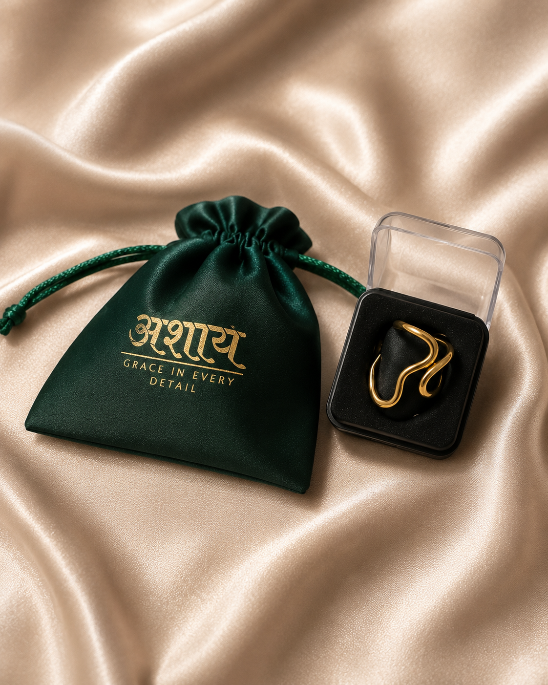 Élan Wave Ring by Ashaarya luxury jewellery packaging with premium pouch and display case