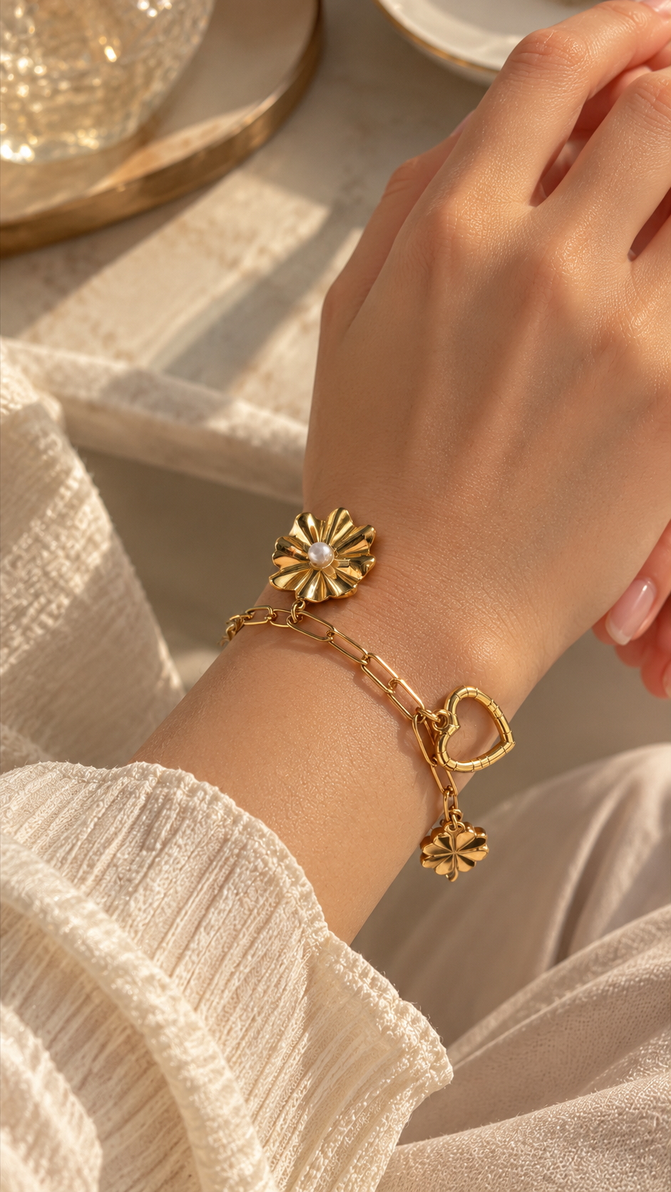 Ashaarya gold-tone charm bracelet worn on the wrist, featuring a pearl-centred flower, heart pendant and clover-inspired charm.
Copy filename